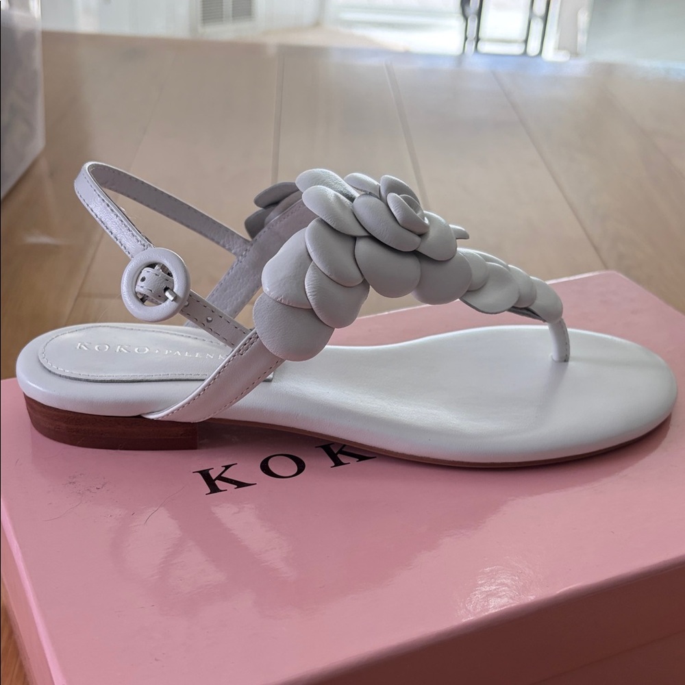 KOKO White Leather Floral Thong Sandal with Slingback